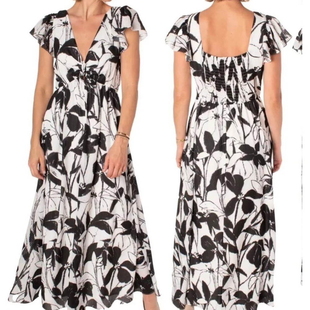 Taylor Women’s Flutter-Sleeve Dress Tie Front Floral Pockets White/Black Size 2
